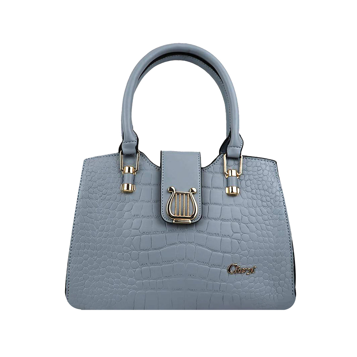 Luxury Grey Croc-Textured Handbag – Elegant Designer Tote with Gold Accents