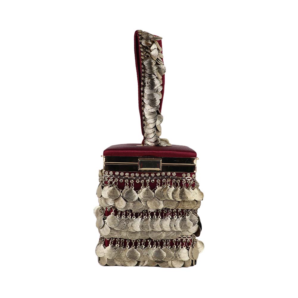 Antique Gold Coin Tassel Handbag – Luxe Velvet Box Clutch