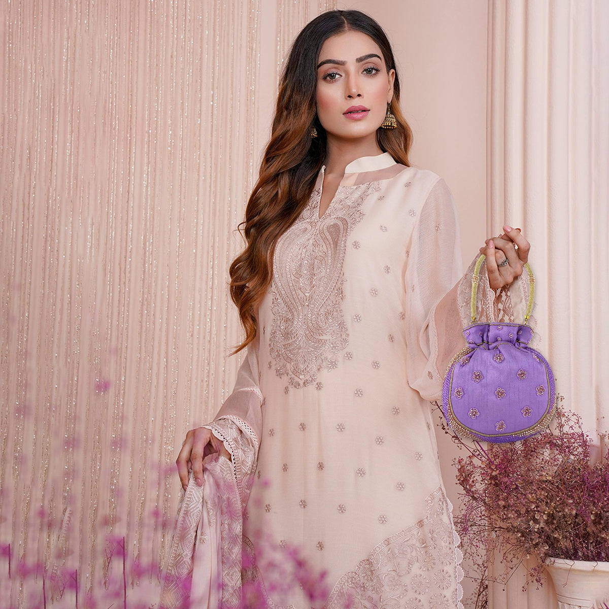 Elegant Lilac, Potli Bag with Beaded Handle