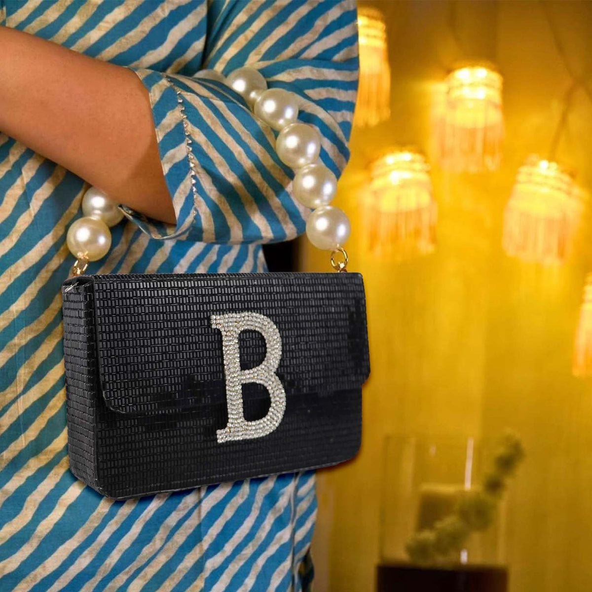 Pearl Strap Clutch with Rhinestone "B" Initial