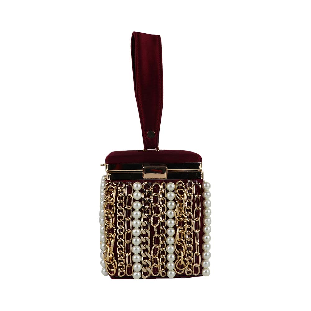 Luxury Velvet Box Potli Bag with Pearl & Gold Chain Detailing