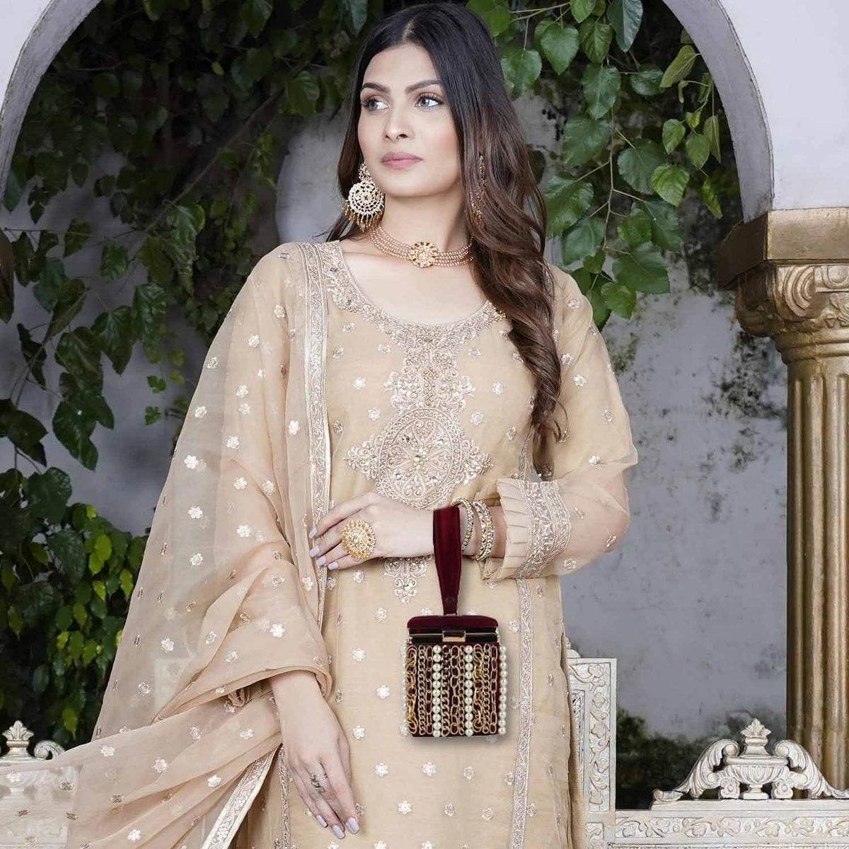 Luxury Velvet Box Potli Bag with Pearl & Gold Chain Detailing