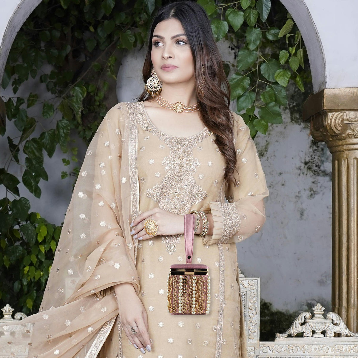 Luxury Velvet Box Potli Bag with Pearl & Gold Chain Detailing
