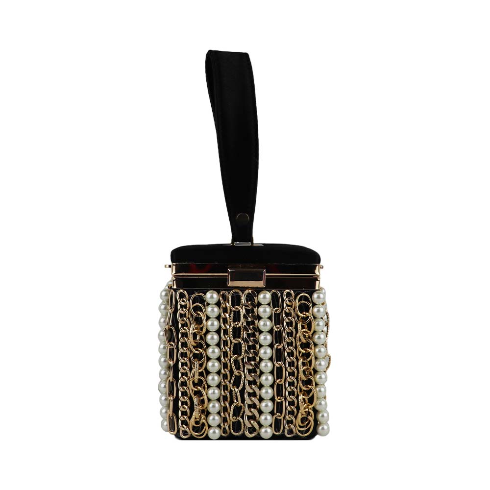 Luxury Velvet Box Potli Bag with Pearl & Gold Chain Detailing