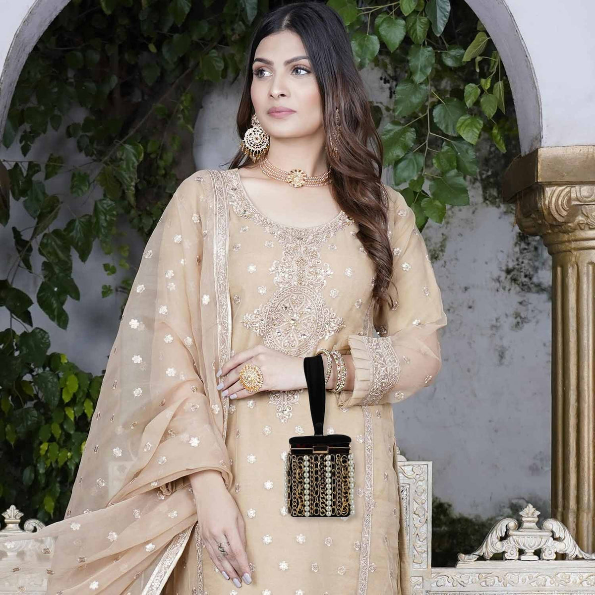 Luxury Velvet Box Potli Bag with Pearl & Gold Chain Detailing