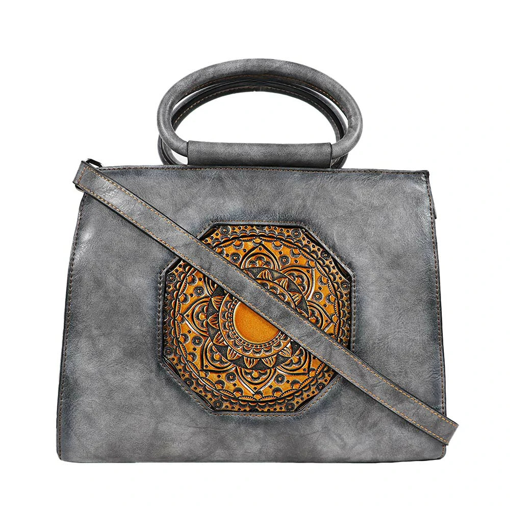 Vintage PU Leather Handbag with Mandala Embossed Design – Boho Chic