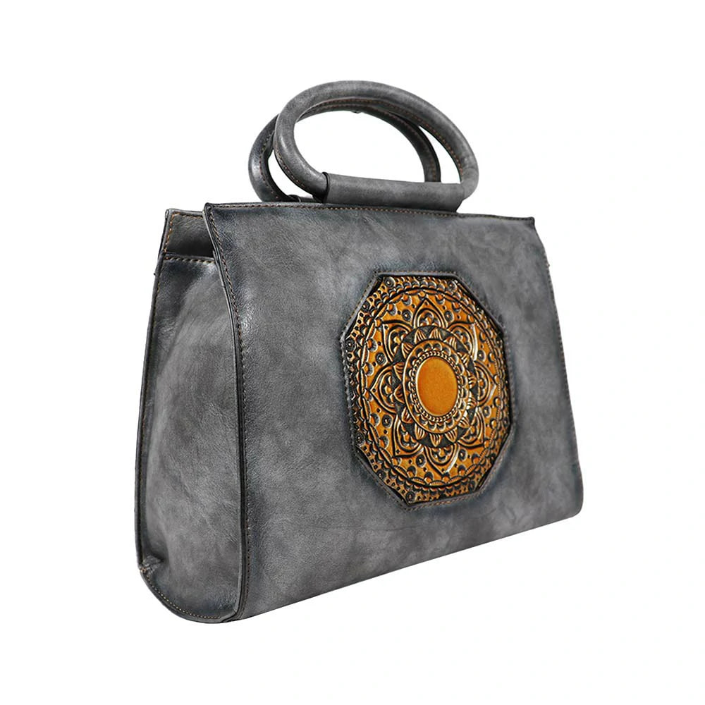 Vintage PU Leather Handbag with Mandala Embossed Design – Boho Chic