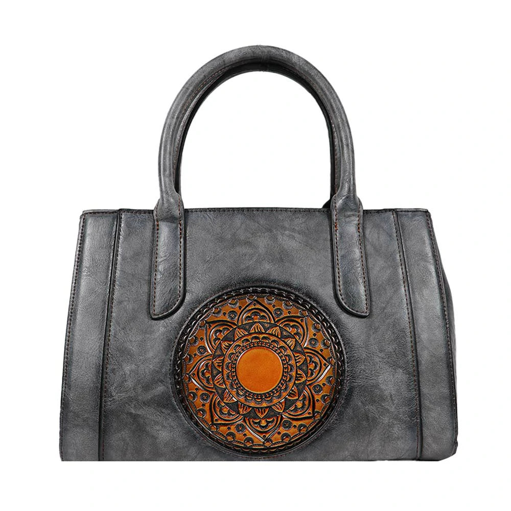 Elegant Grey Mandala Embossed Handbag – Boho Chic Tote with Crossbody Strap
