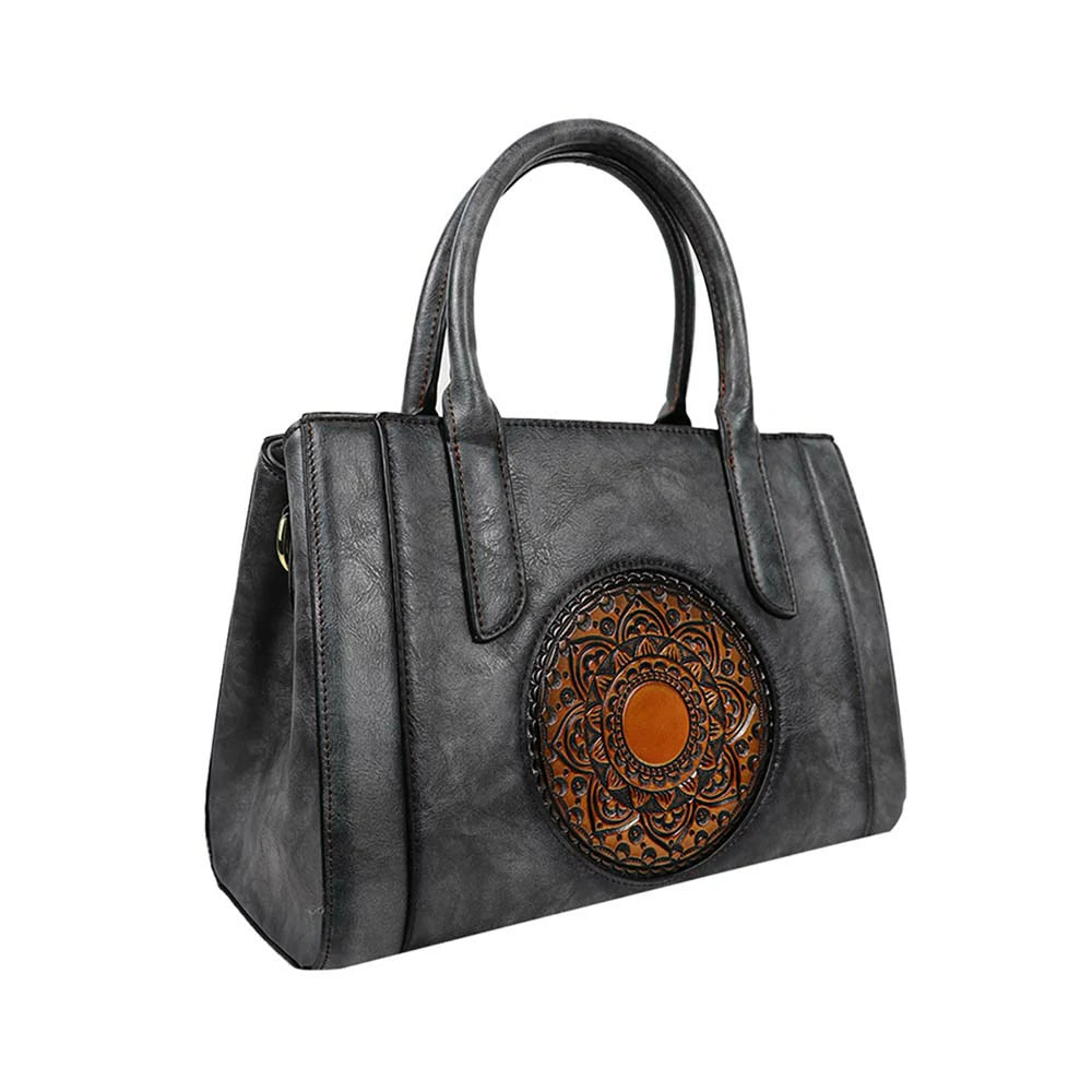 Elegant Grey Mandala Embossed Handbag – Boho Chic Tote with Crossbody Strap