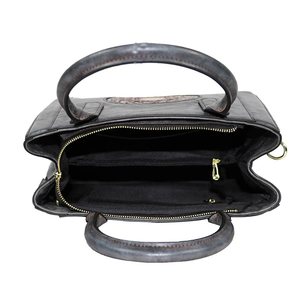 Elegant Grey Mandala Embossed Handbag – Boho Chic Tote with Crossbody Strap