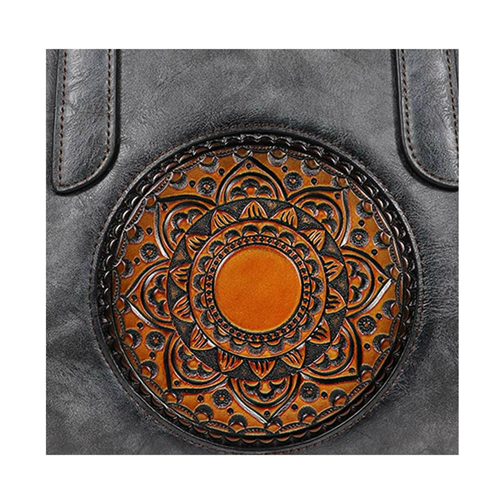 Elegant Grey Mandala Embossed Handbag – Boho Chic Tote with Crossbody Strap