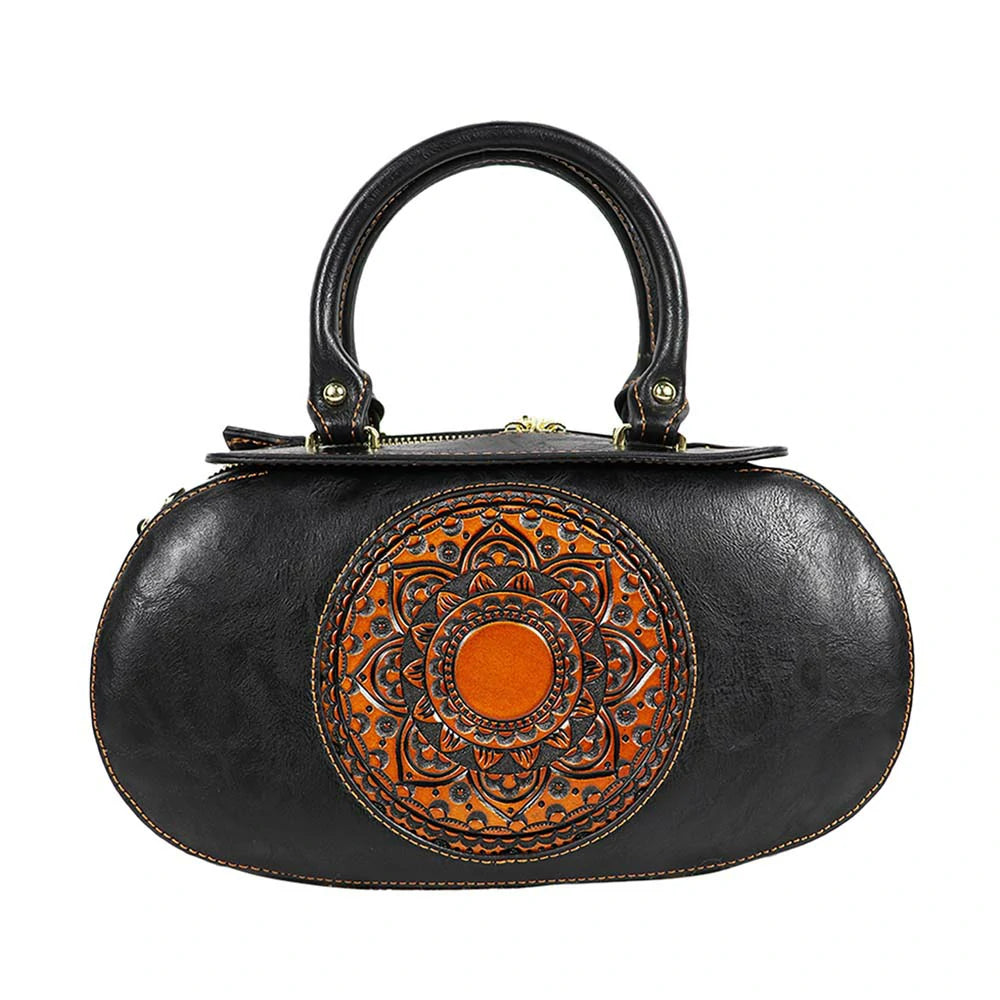 Vintage Oval Handbag with Embossed Mandala Design – Elegant & Unique