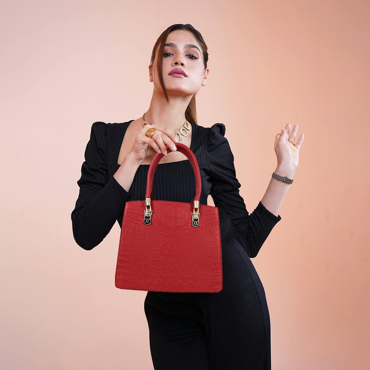 Croc-Embossed Handbag with Gold Accents