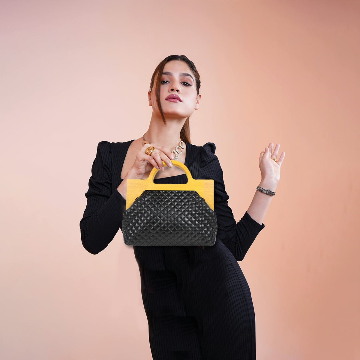 Mini Handbag with Wooden Handle & Gold Chain Strap – Luxe & Trendy