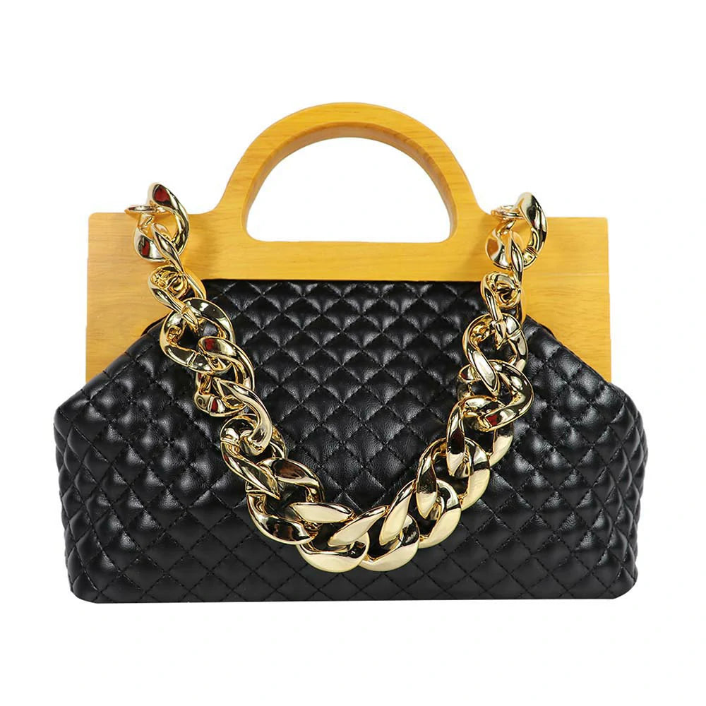 Mini Handbag with Wooden Handle & Gold Chain Strap – Luxe & Trendy