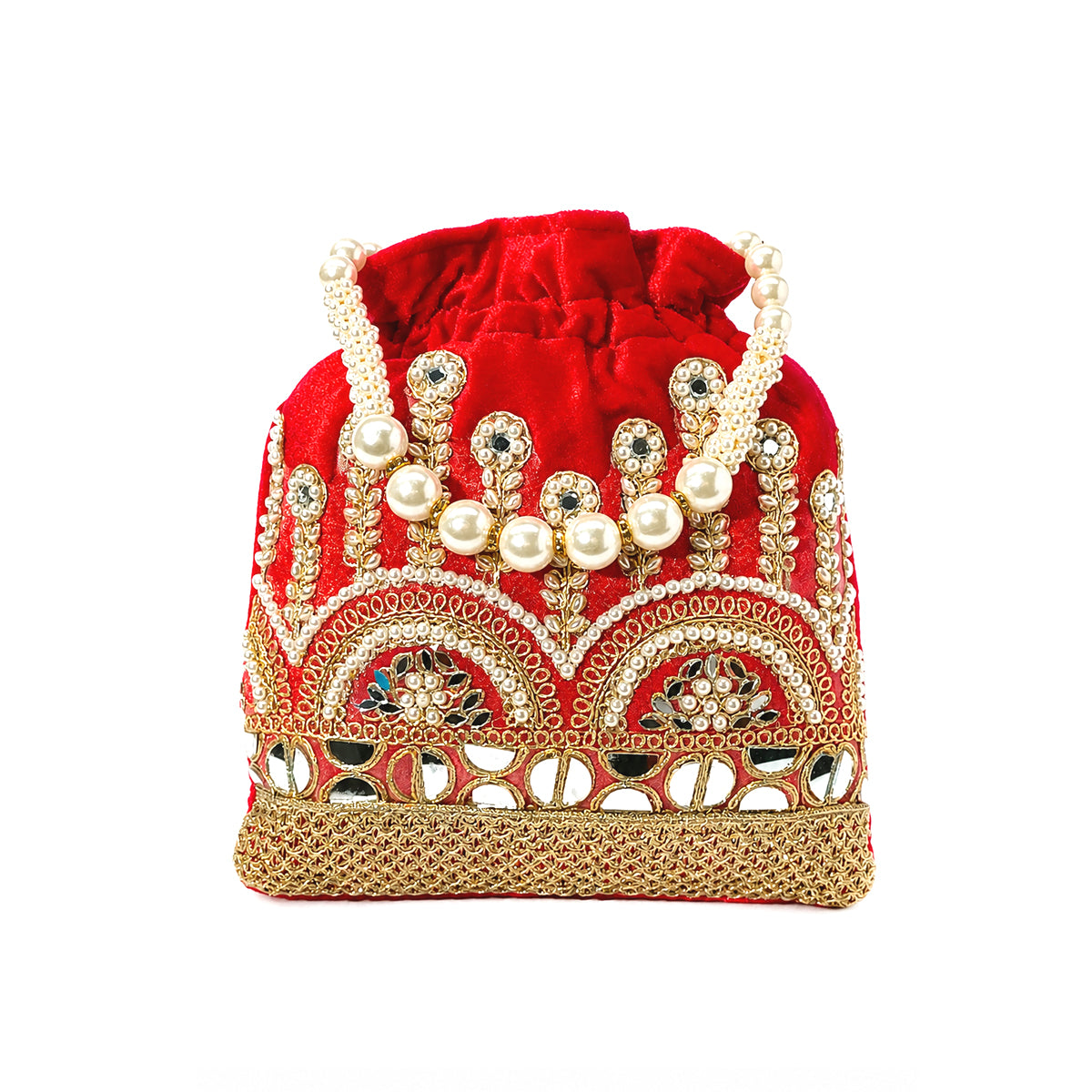 Embroidered Potli Bag with Pearl Beaded Handle & Mirror Work Bag