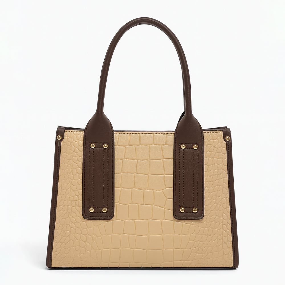 Crocodile Embossed Beige Handbag with Brown Handles