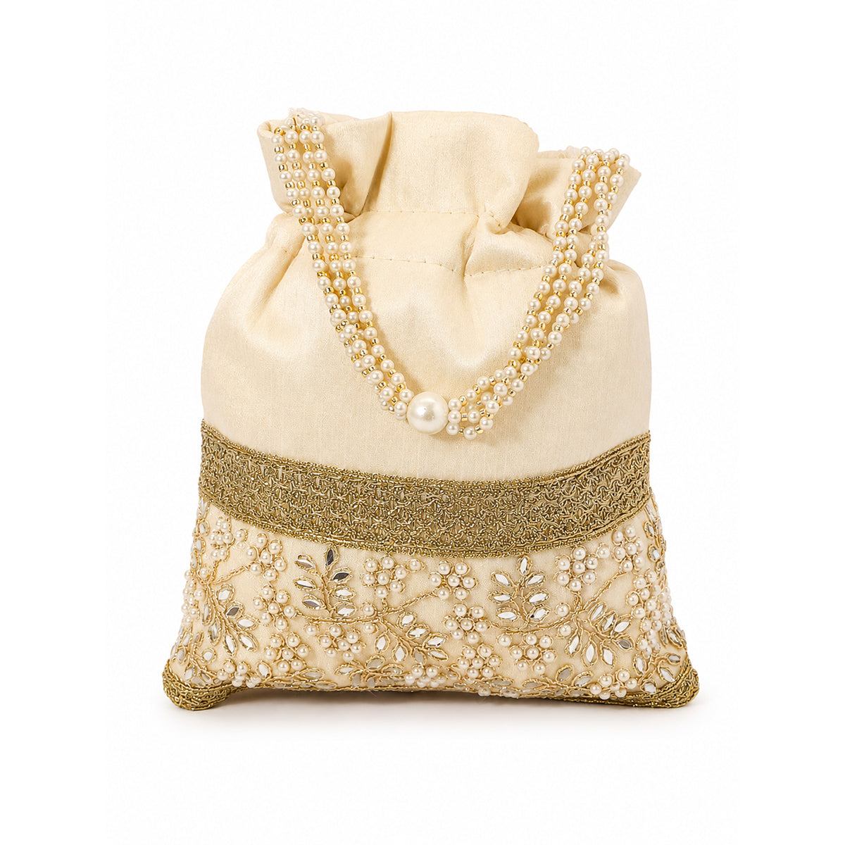 Embroidered Potli Bag with Pearl Beaded Handle & Mirror Work Bag
