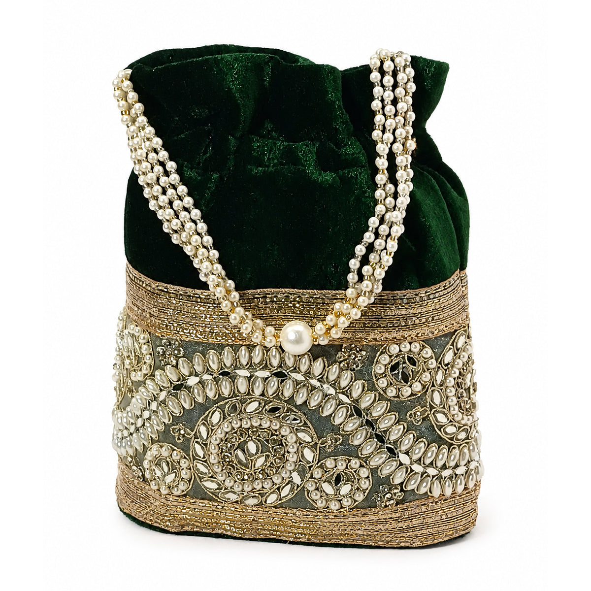 Embroidered Potli Bag with Pearl Beaded Handle & Mirror Work Bag