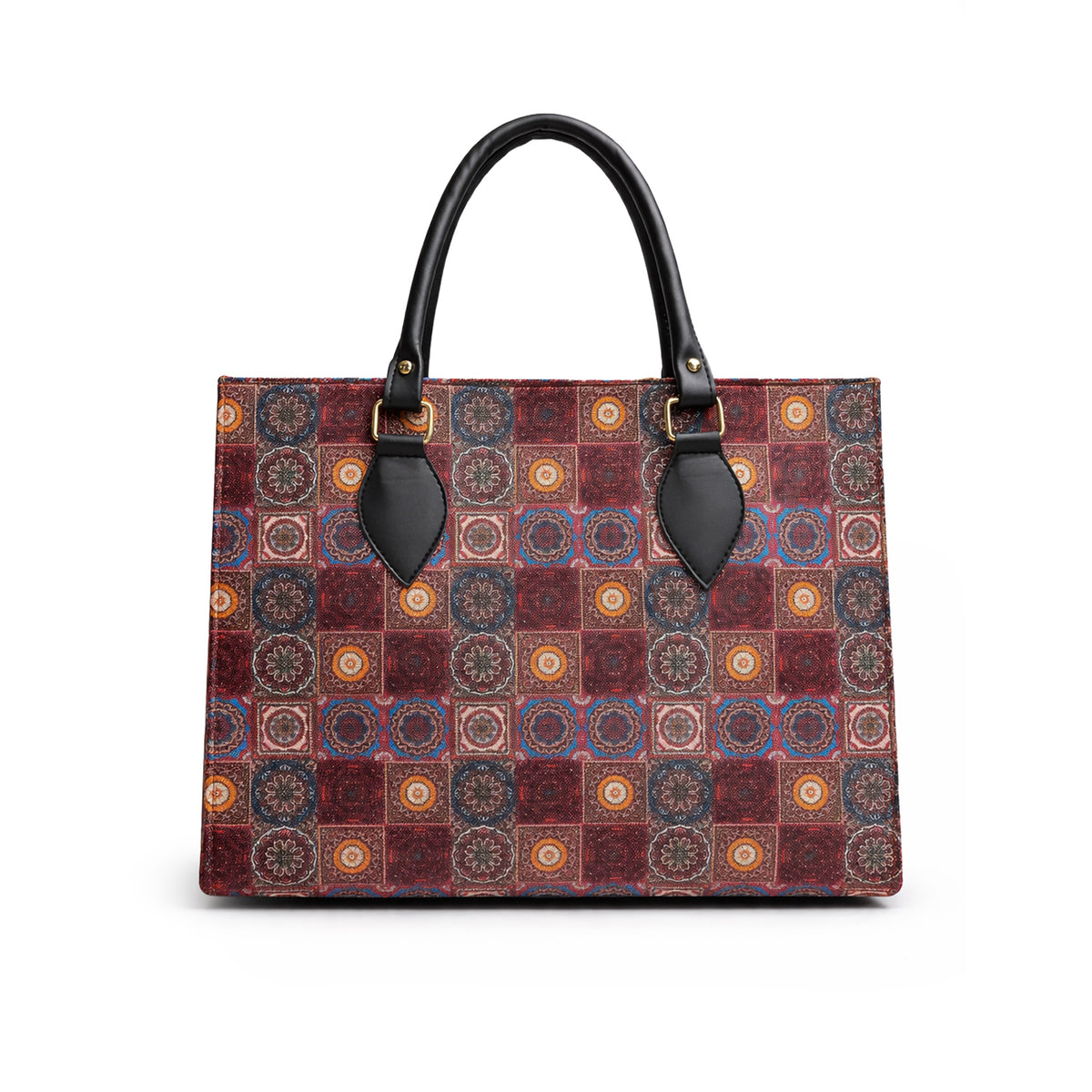 Floral Printed Structured Tote Bag with Black Handles