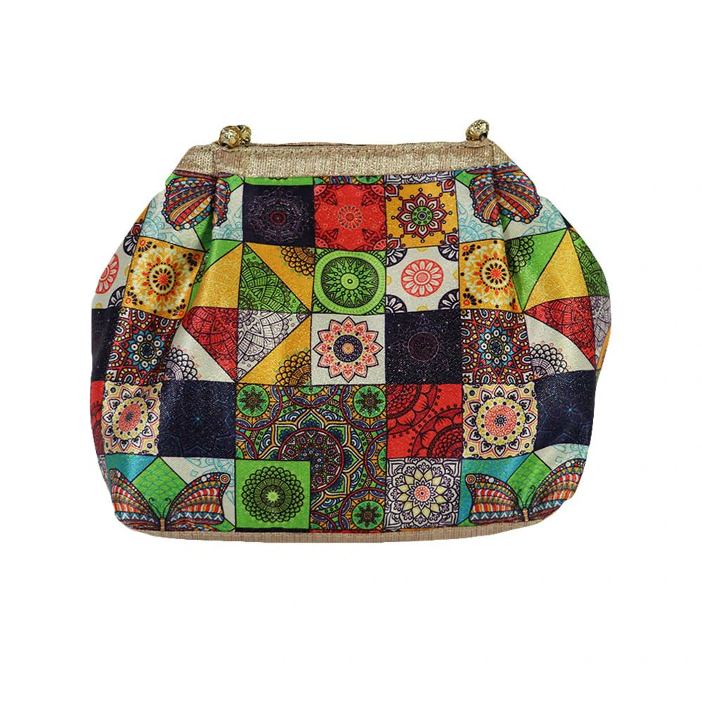 Women’s Multicolor Patchwork Handbag with Golden Beaded Handle