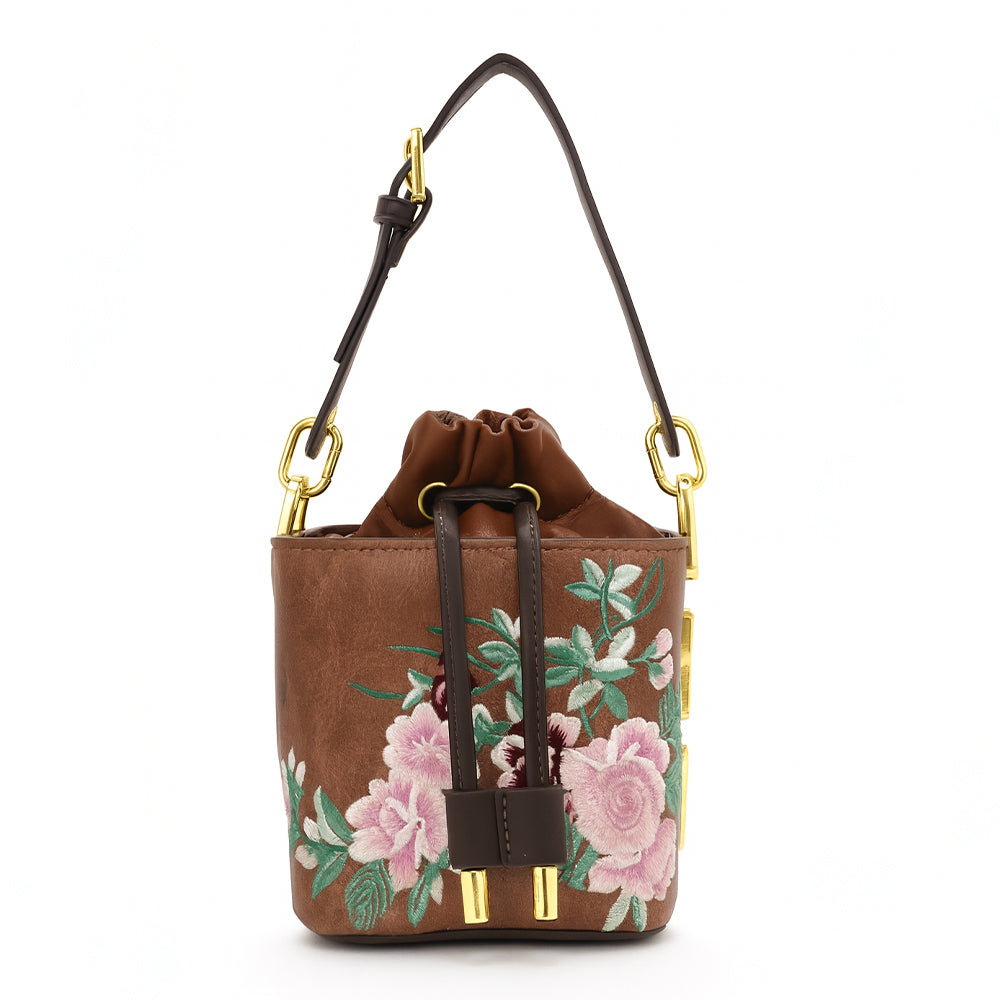 Floral Embroidered Charcoal Bucket Bag with Drawstring Closure
