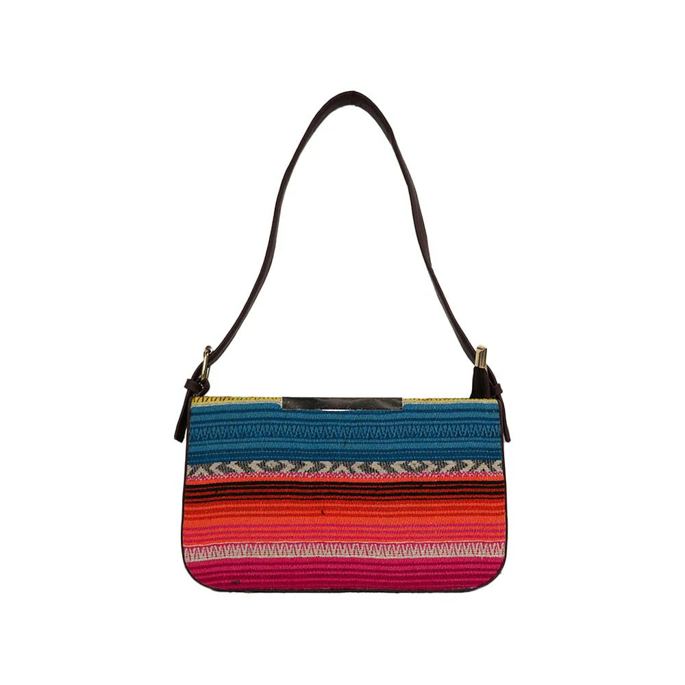 Embroidered Shoulder Bag with Detachable Strap and Zipper Closure