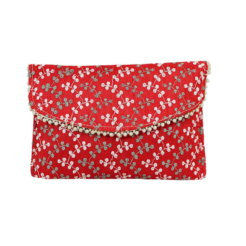 Women’s Floral Embroidered Clutch with Pearl Lace - Red