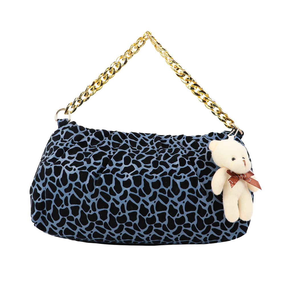 Velvet Pattern Shoulder Bag with Gold Chain Strap Teddy Charm Fashion