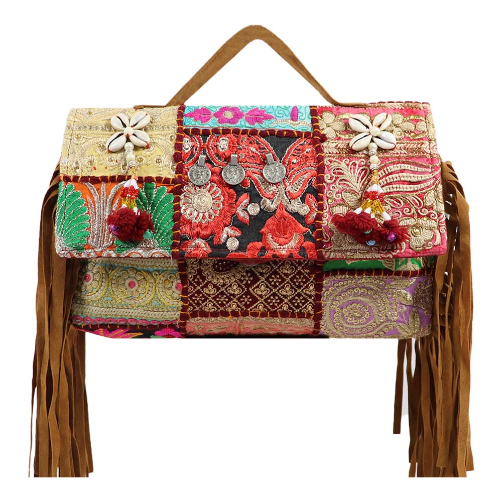 Bohemian Patchwork Fringe Handbag with Tribal Embellishments