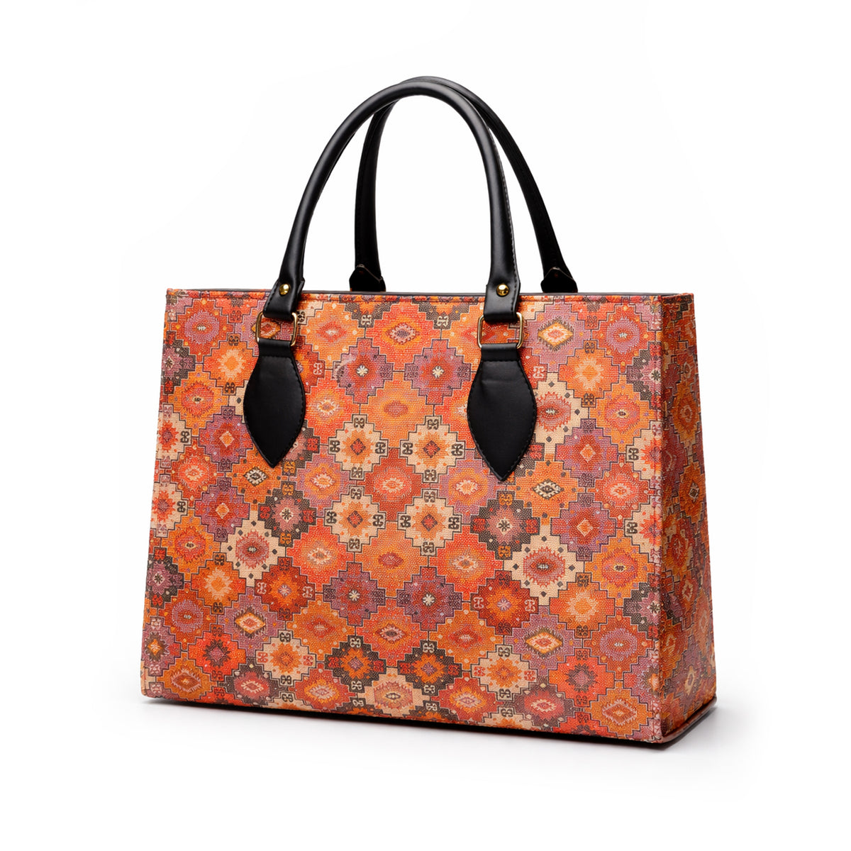 Floral Printed Structured Tote Bag with Black Handles