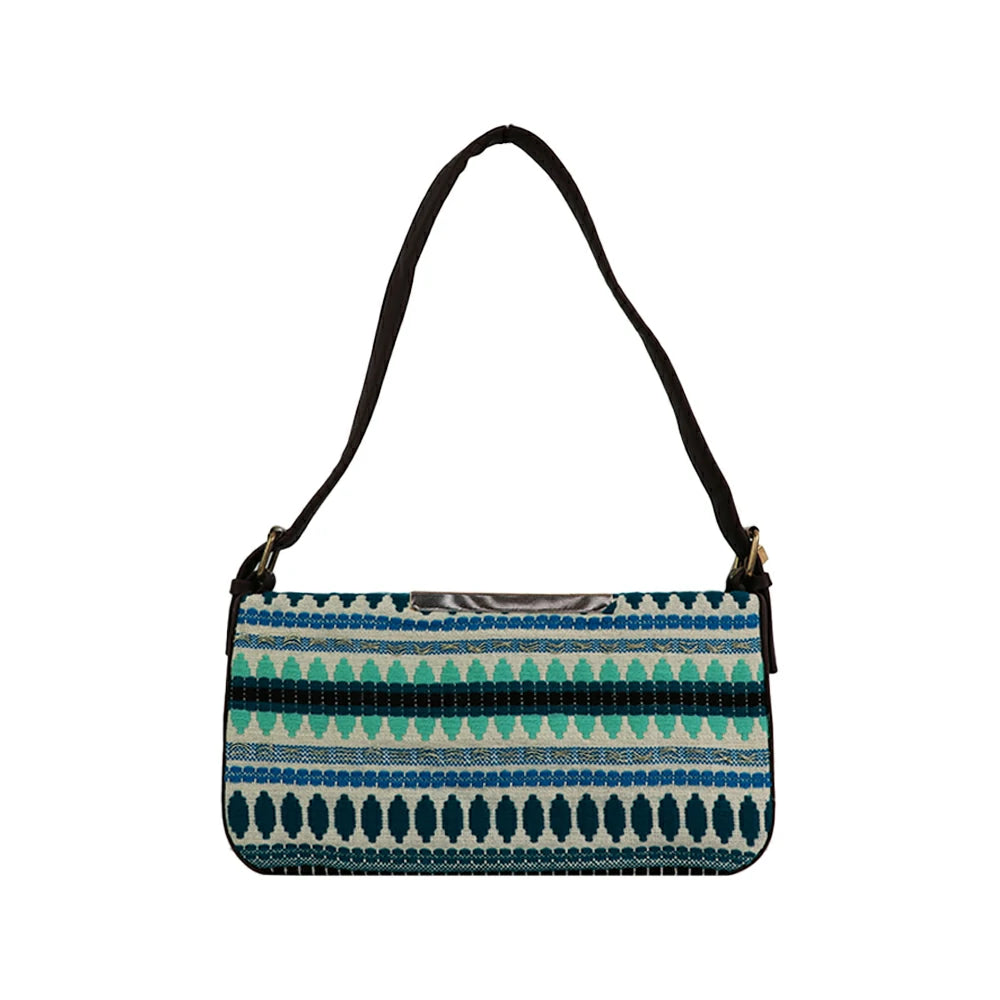 Embroidered Shoulder Bag with Detachable Strap and Zipper Closure - MultiColoR