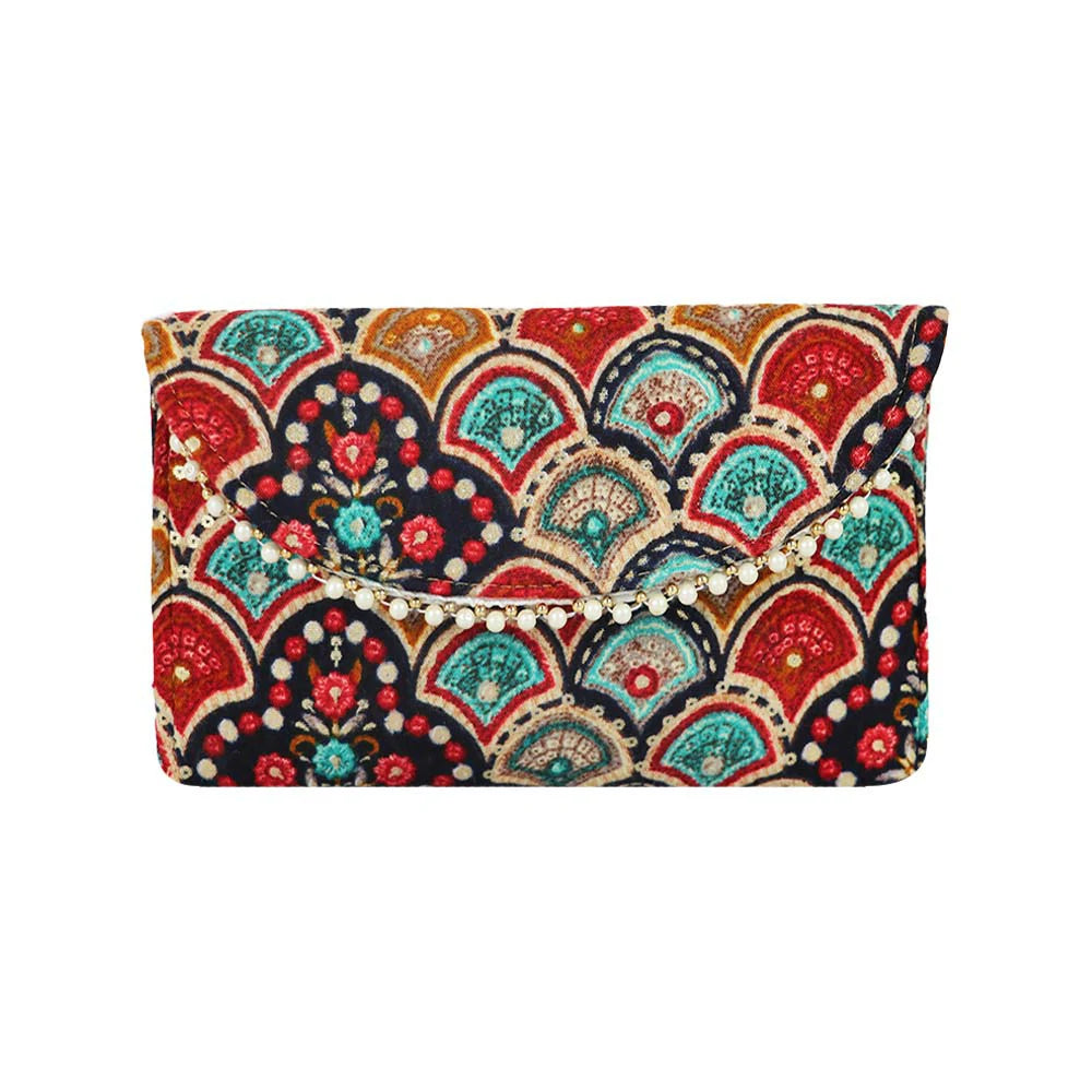 Women Black Ethnic Printed Clutch with Pearl Detailing – Traditional Party Envelope Handbag - multicolor