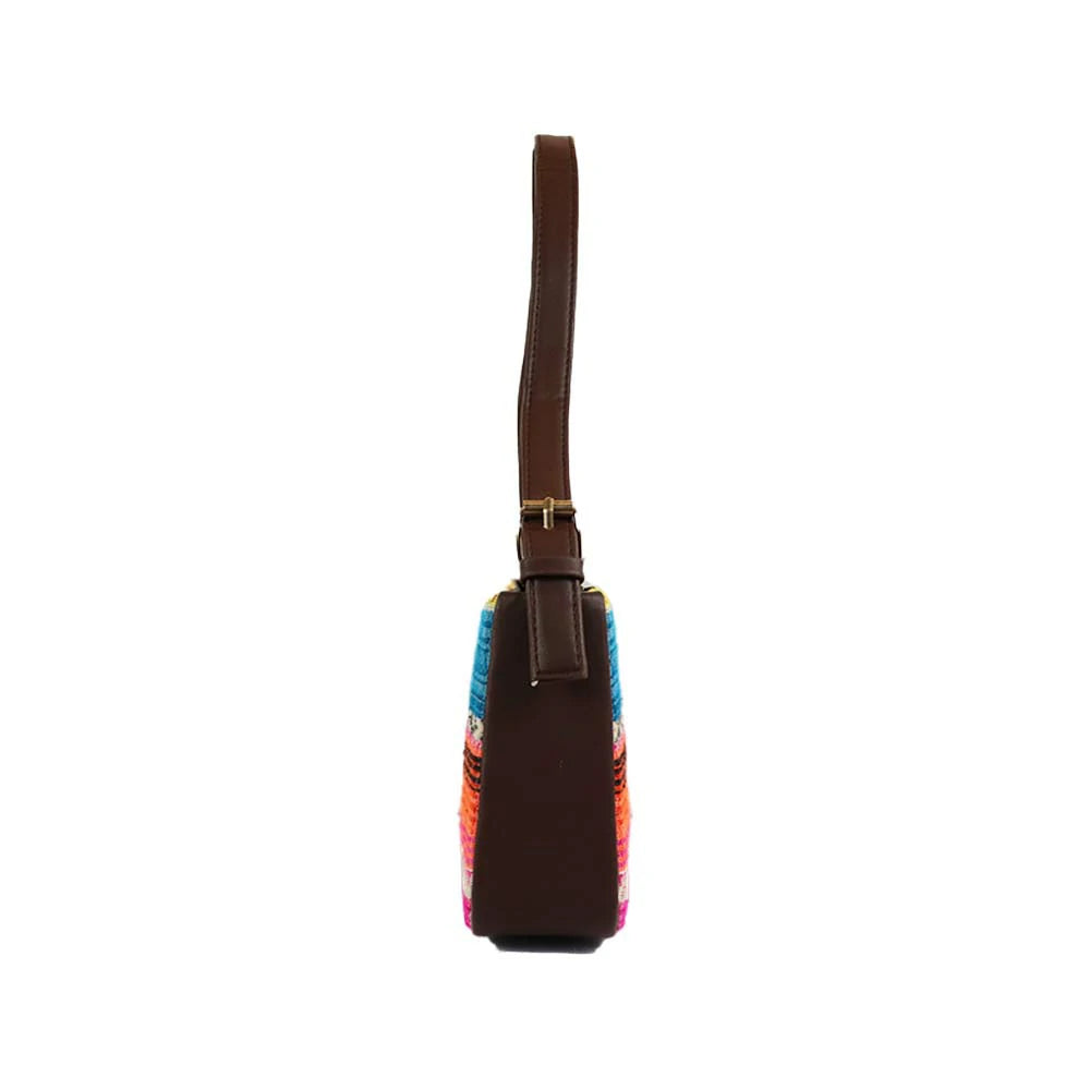 Embroidered Shoulder Bag with Detachable Strap and Zipper Closure