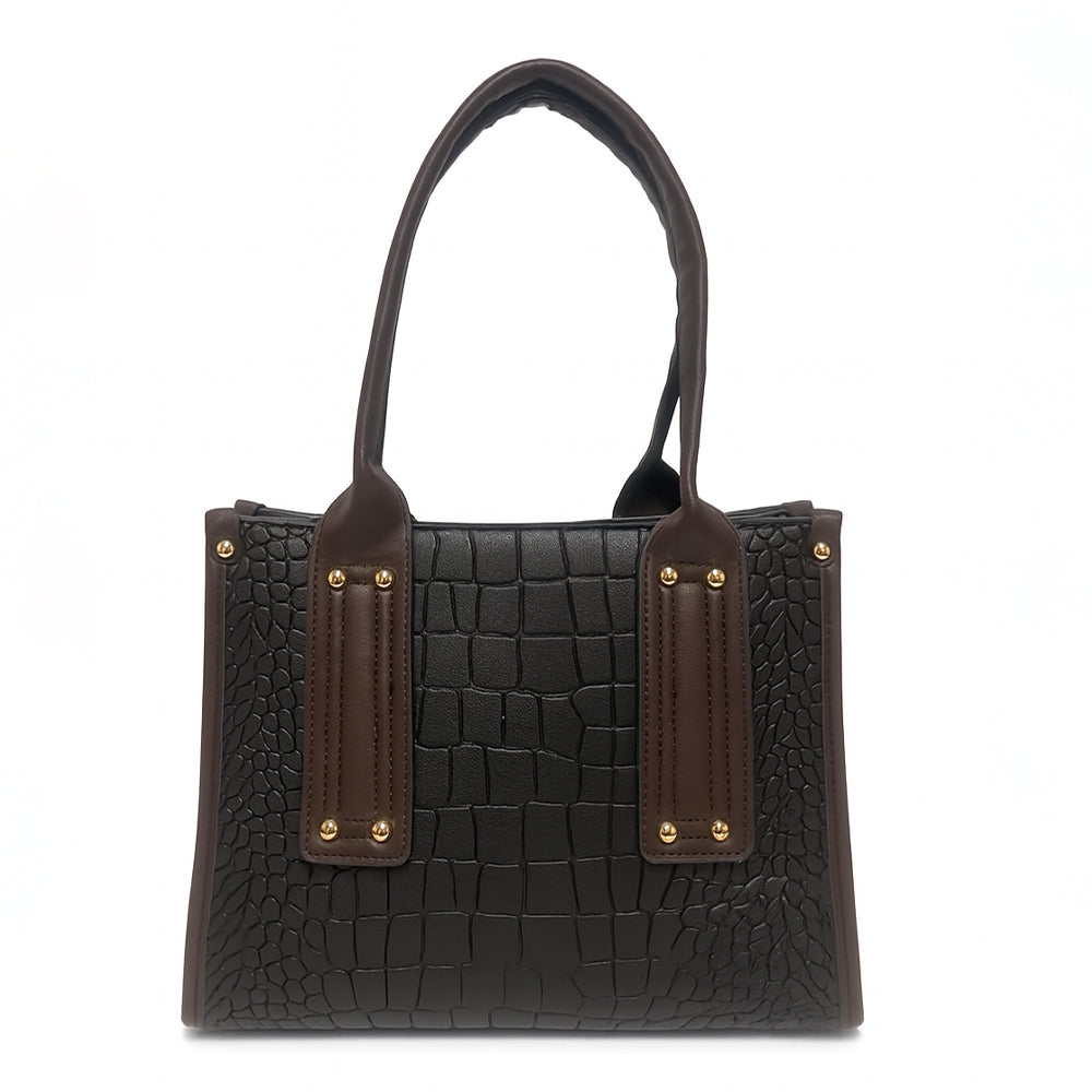 Crocodile Embossed Beige Handbag with Brown Handles