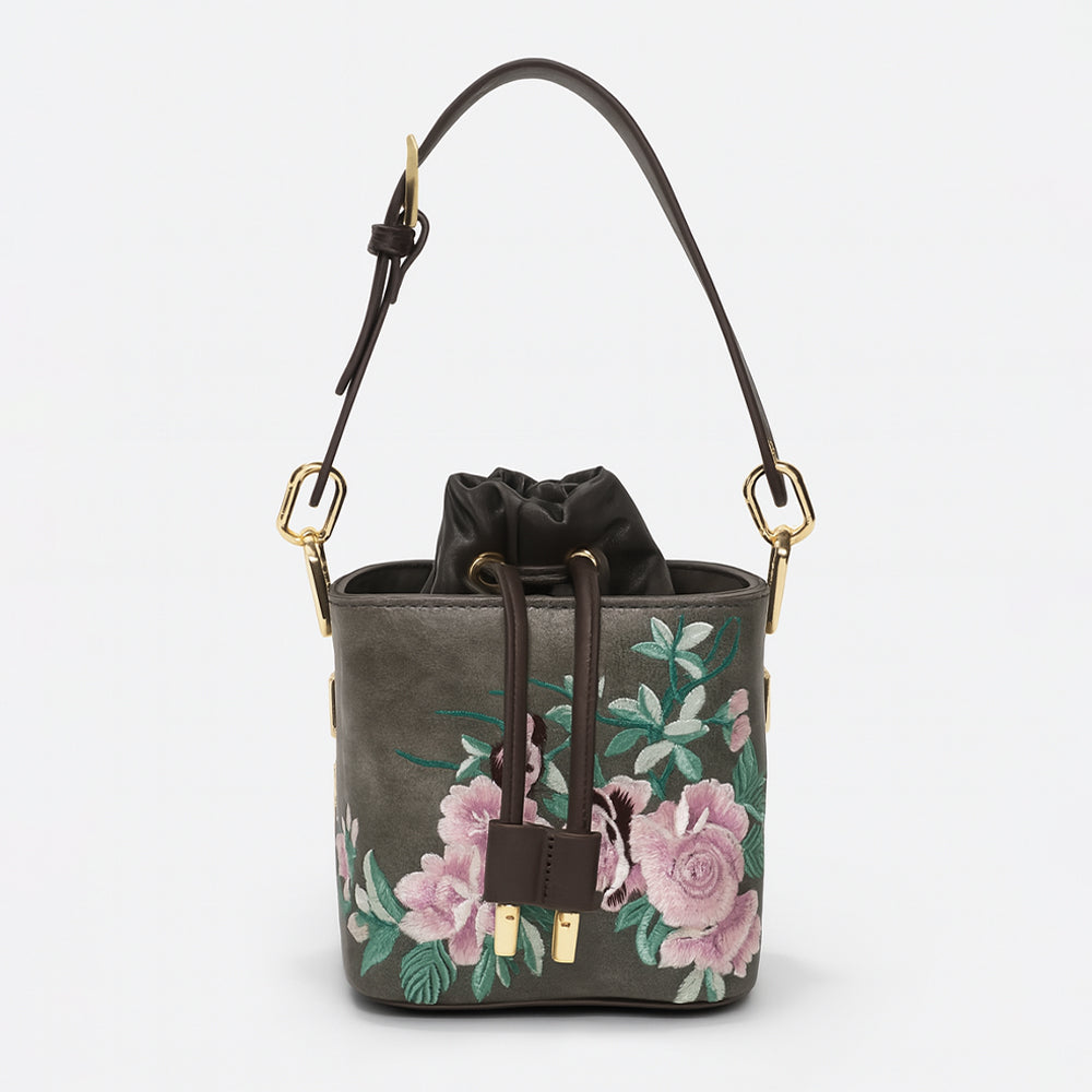 Floral Embroidered Charcoal Bucket Bag with Drawstring Closure