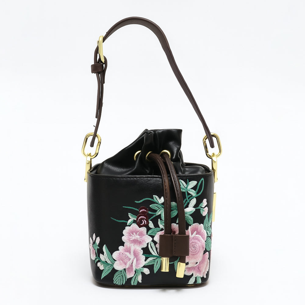 Floral Embroidered Charcoal Bucket Bag with Drawstring Closure