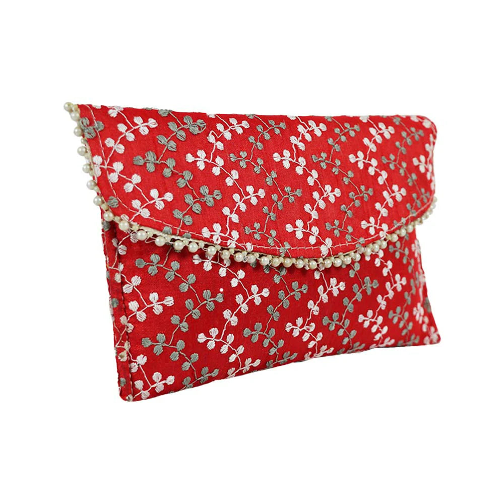 Women’s Floral Embroidered Clutch with Pearl Lace