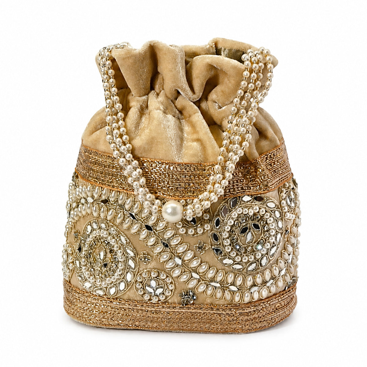 Embroidered Potli Bag with Pearl Beaded Handle & Mirror Work Bag