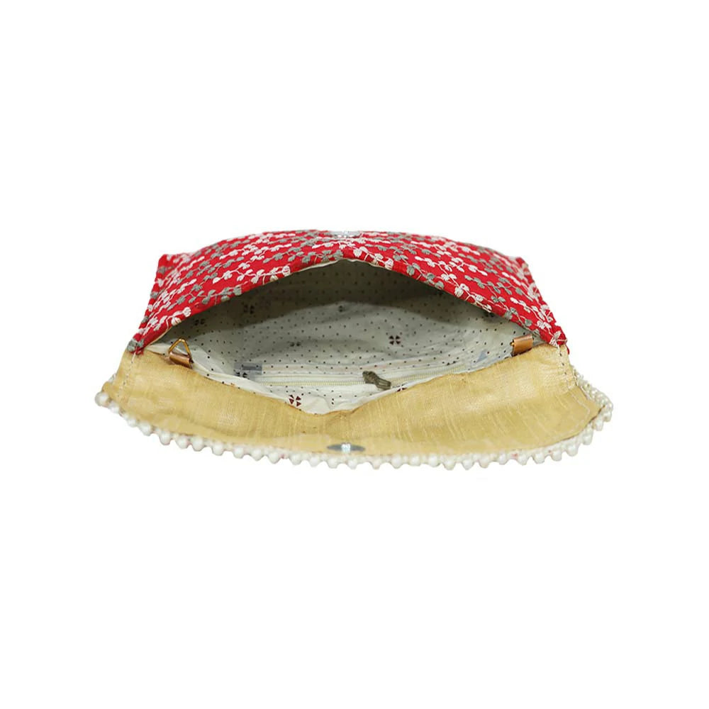 Women’s Floral Embroidered Clutch with Pearl Lace