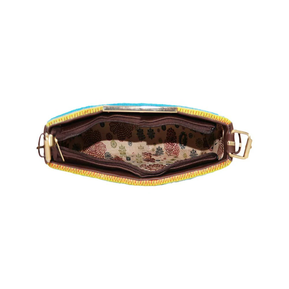 Embroidered Shoulder Bag with Detachable Strap and Zipper Closure