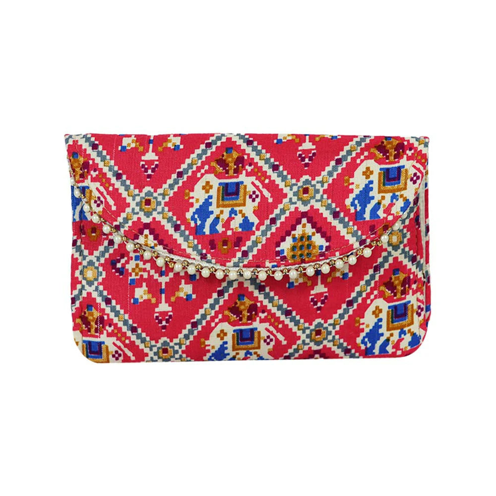 Women Black Ethnic Printed Clutch with Pearl Detailing – Traditional Party Envelope Handbag