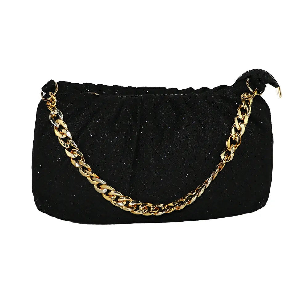 Women Party Clutch Sling Bag with Gold Chain Strap, Ruched Design - black