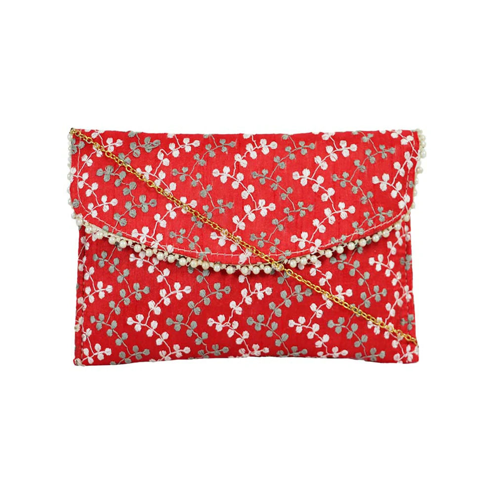 Women’s Floral Embroidered Clutch with Pearl Lace