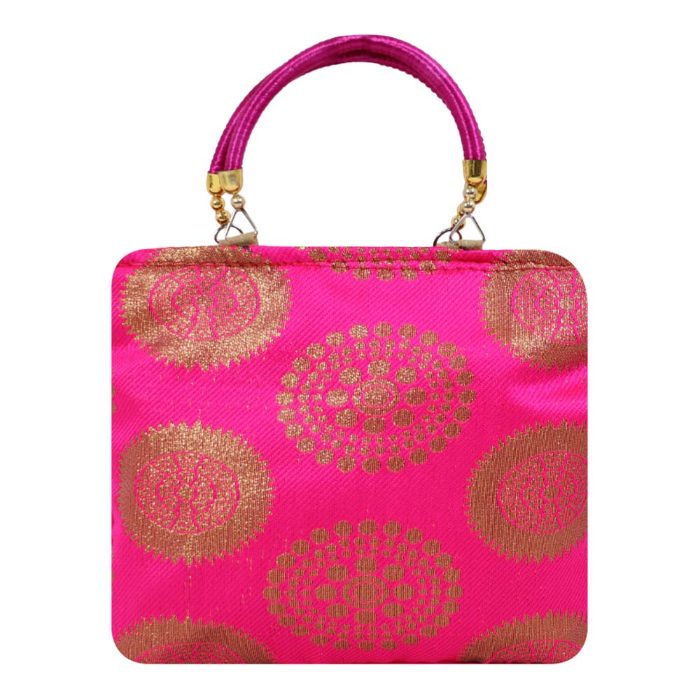 Brocade Handbag with Circular Motif and Wooden Handles