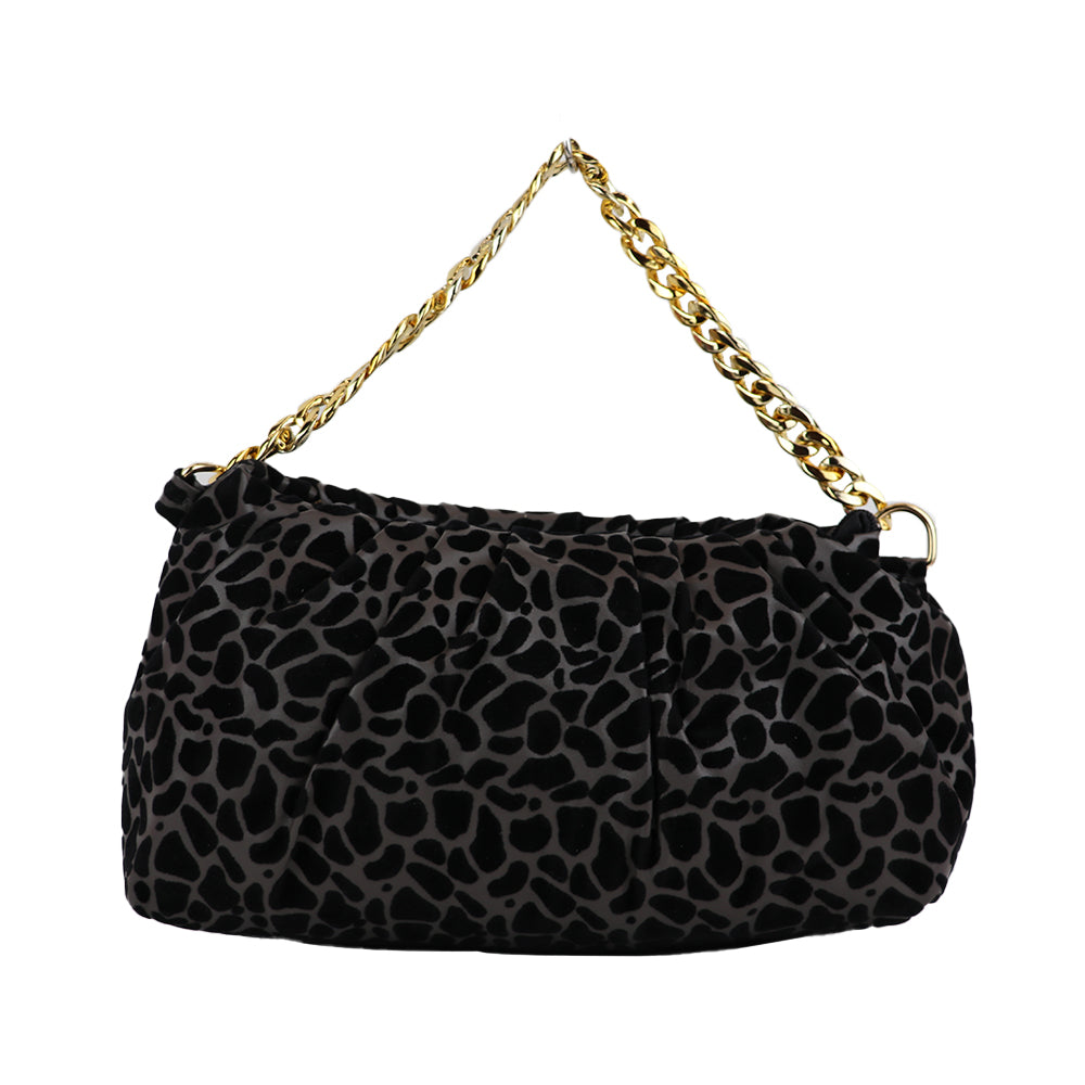 Velvet Pattern Shoulder Bag with Gold Chain Strap Teddy Charm Fashion