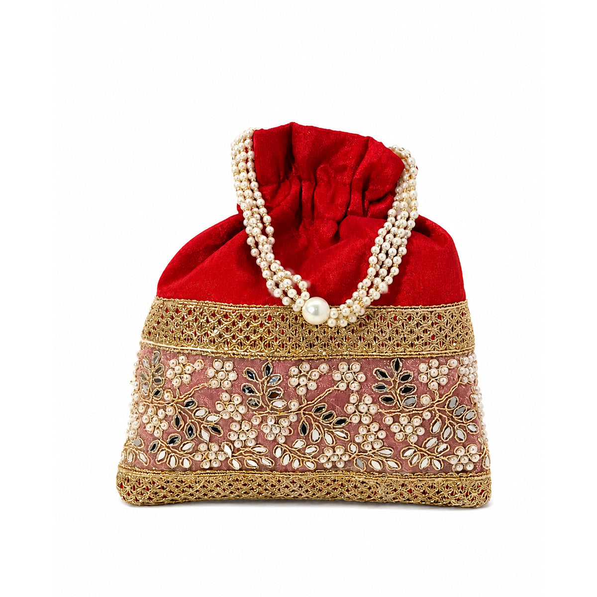 Embroidered Potli Bag with Pearl Beaded Handle & Mirror Work Bag