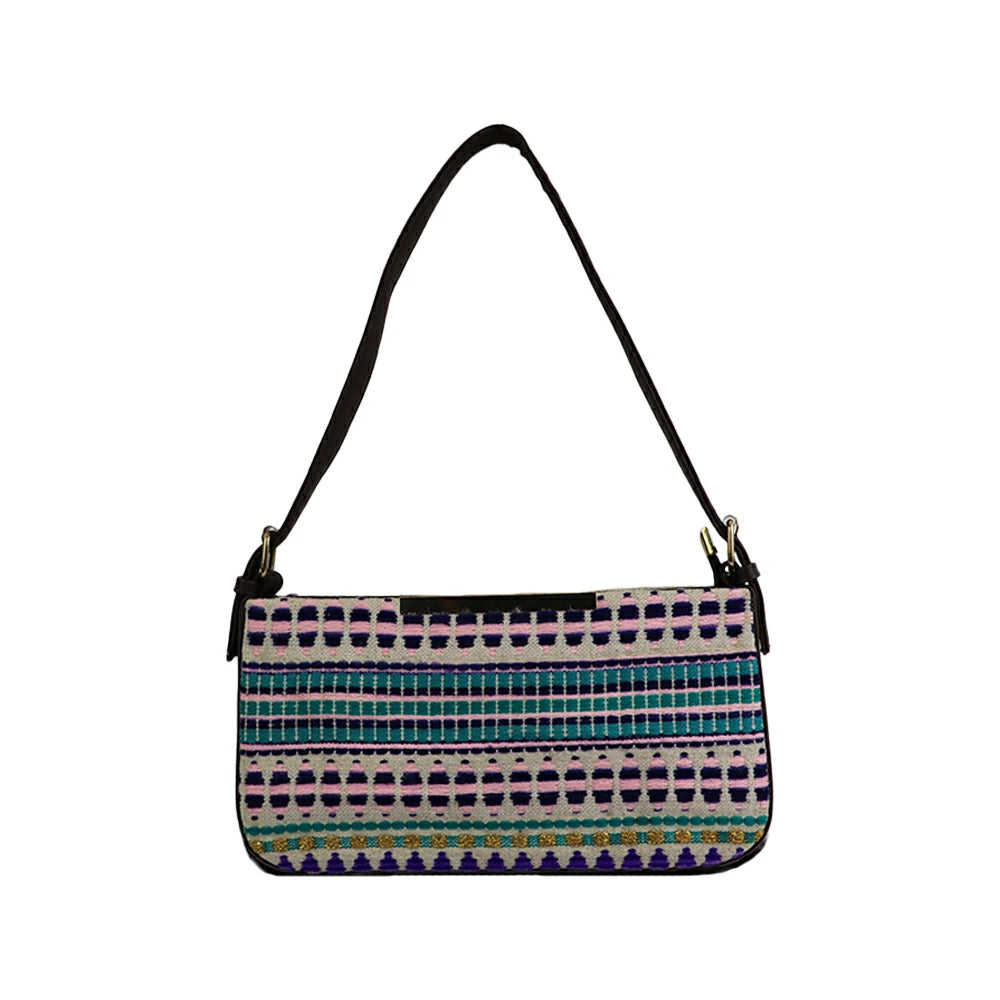 Embroidered Shoulder Bag with Detachable Strap and Zipper Closure - multicolor
