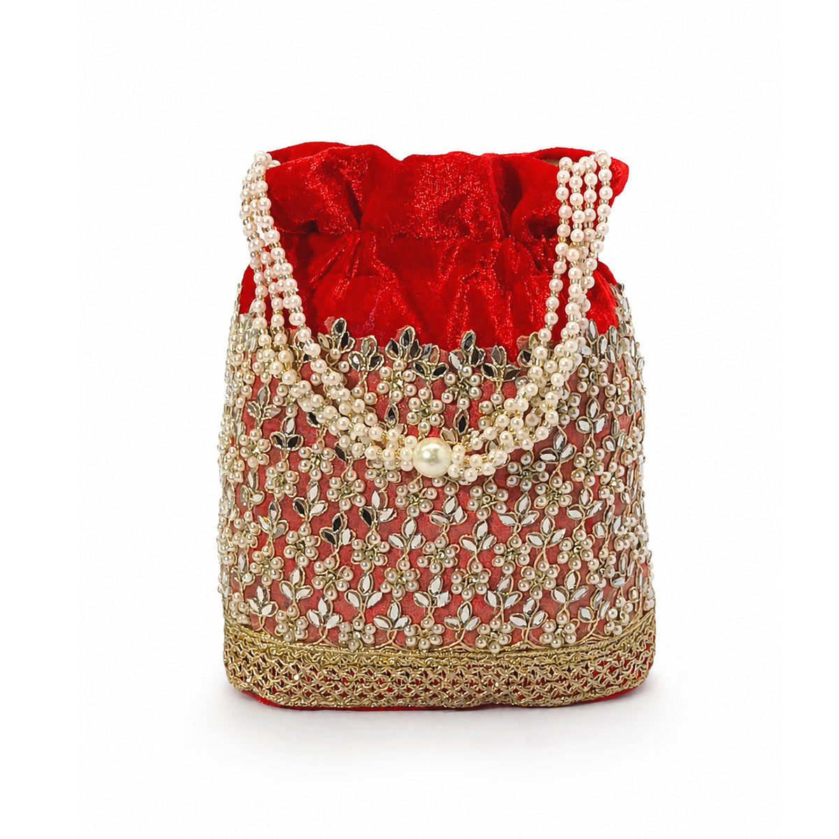 Embroidered Potli Bag with Pearl Beaded Handle & Mirror Work Bag