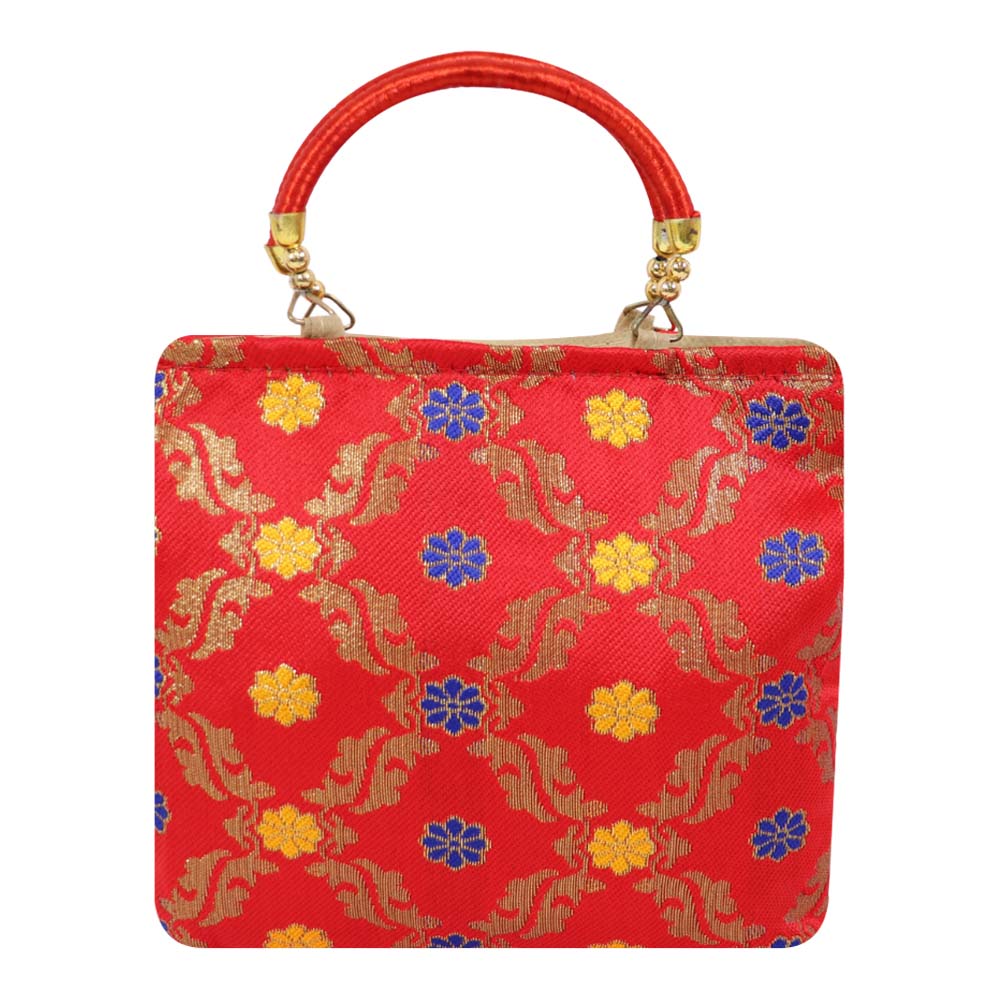 Brocade Handbag with Circular Motif and Wooden Handles